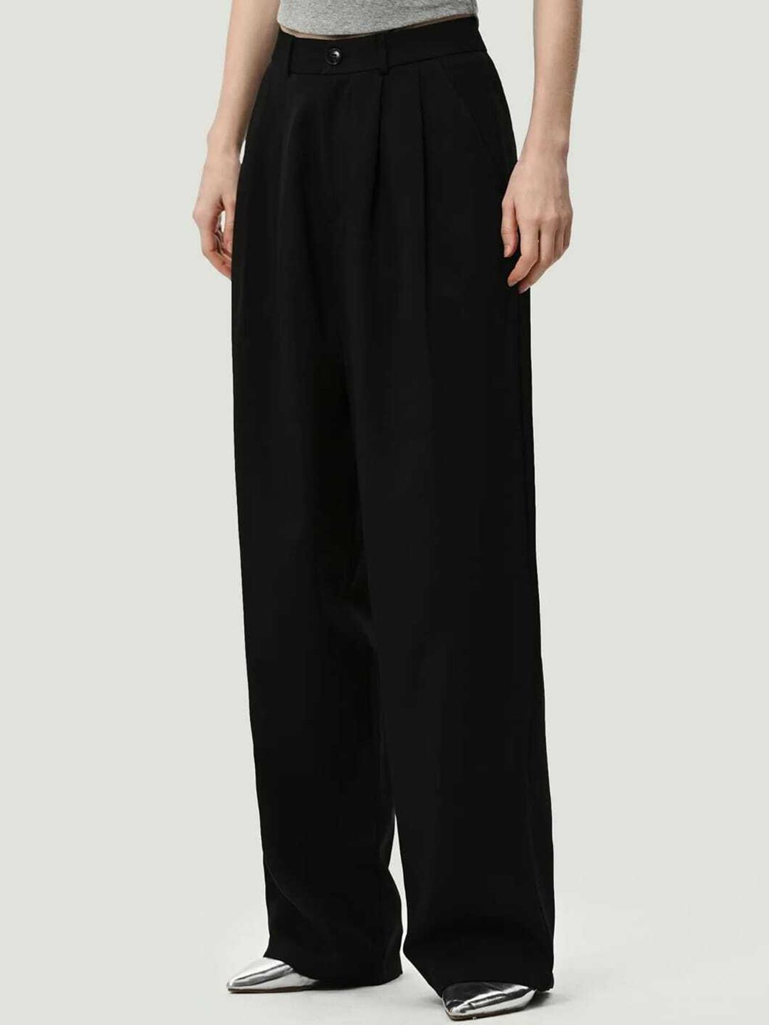 Next One Women Black Smart Loose Fit High-Rise Easy Wash Trousers Price in India
