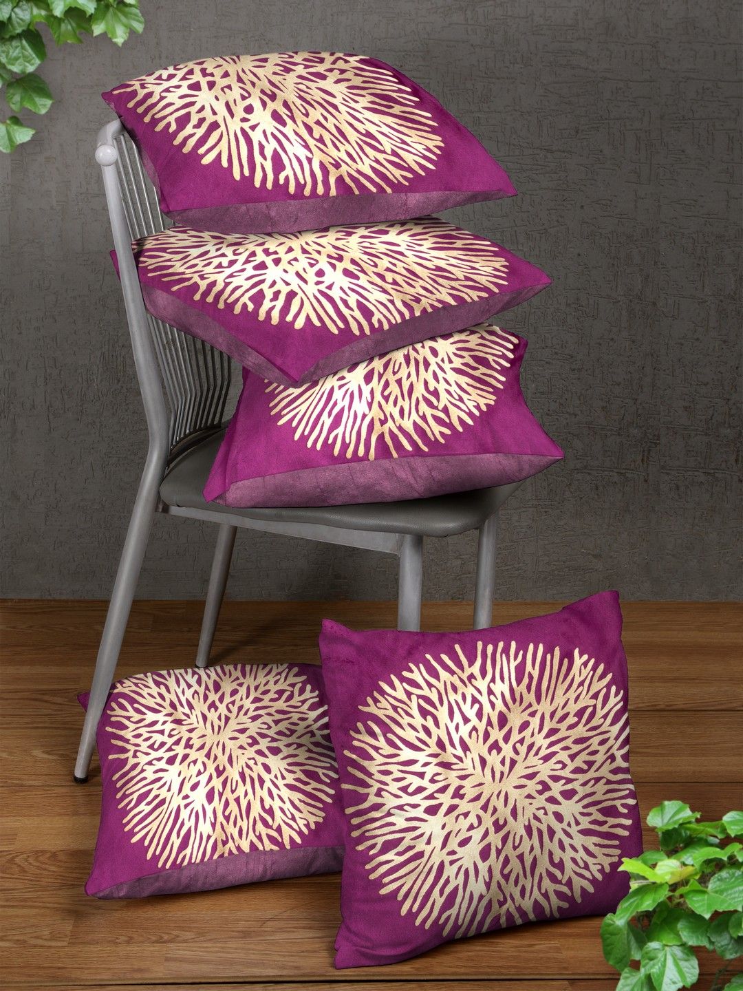 ROMEE Purple Set of 5 Geometric Square Cushion Covers Price in India