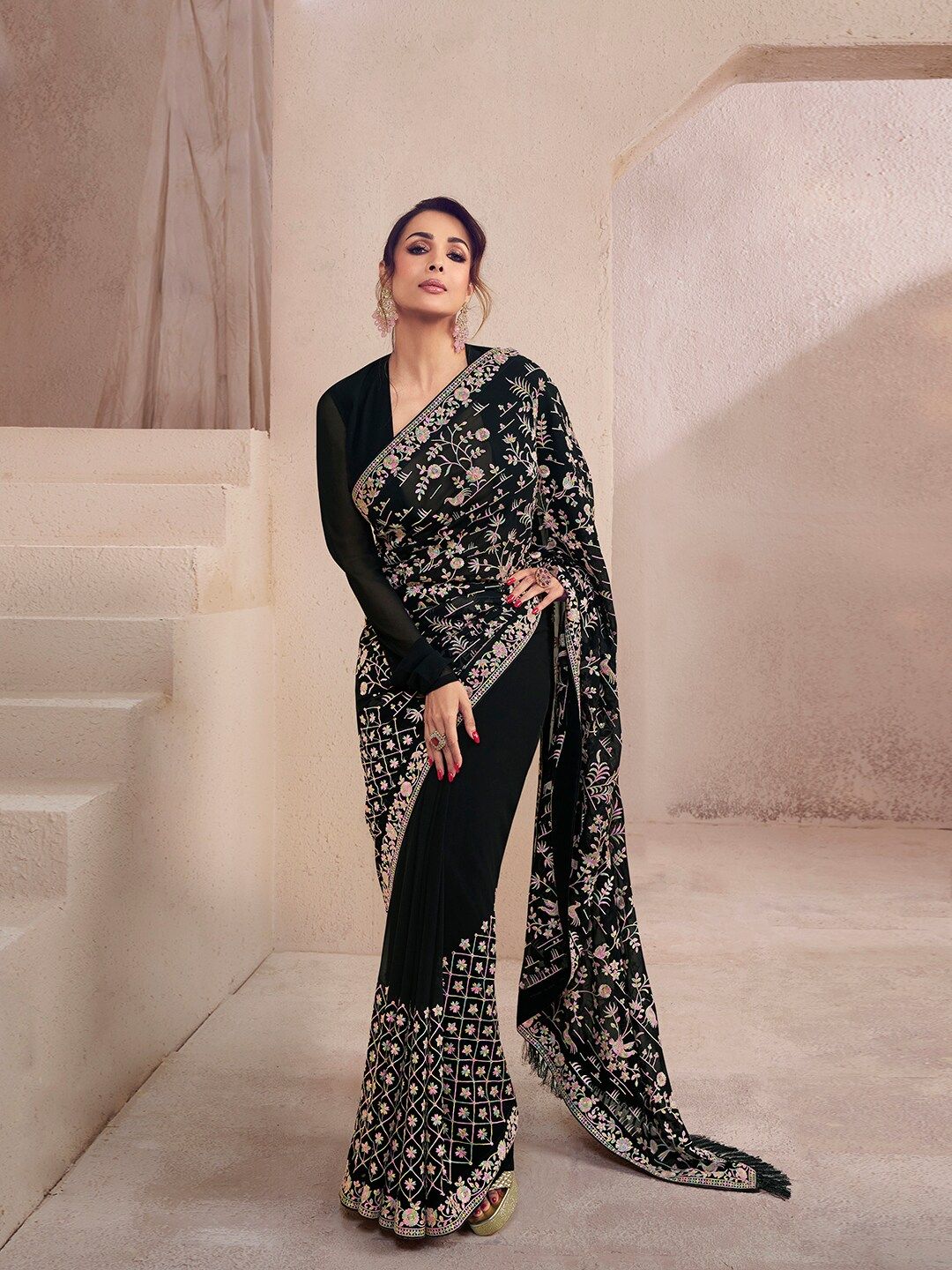 Inddus Floral Multi Thread and Sequins Embroidered Saree with Blouse Piece Price in India