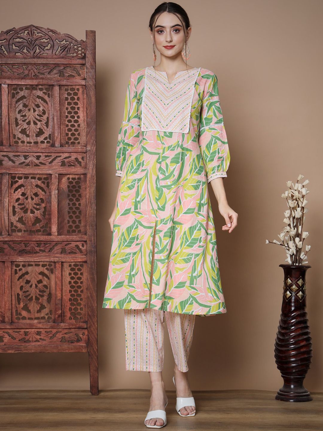Sangria Green & Pink Tropical Printed Pure Cotton A-Line Kurta & Palazzos Price in India