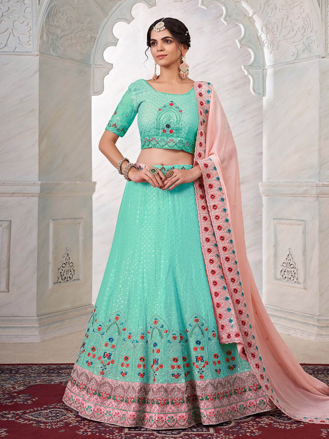 Fusionic Turquoise Blue & Pink Embroidered Thread Work Semi-Stitched Lehenga & Unstitched Blouse With Dupatta Price in India