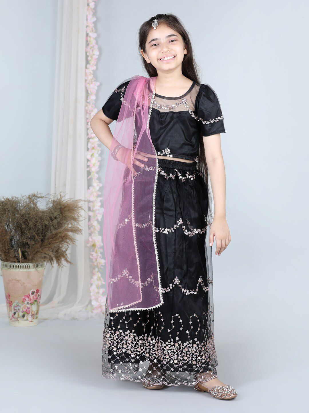 Cutiekins Girls Embellished Thread Work Ready to Wear Lehenga & Blouse With Dupatta Price in India
