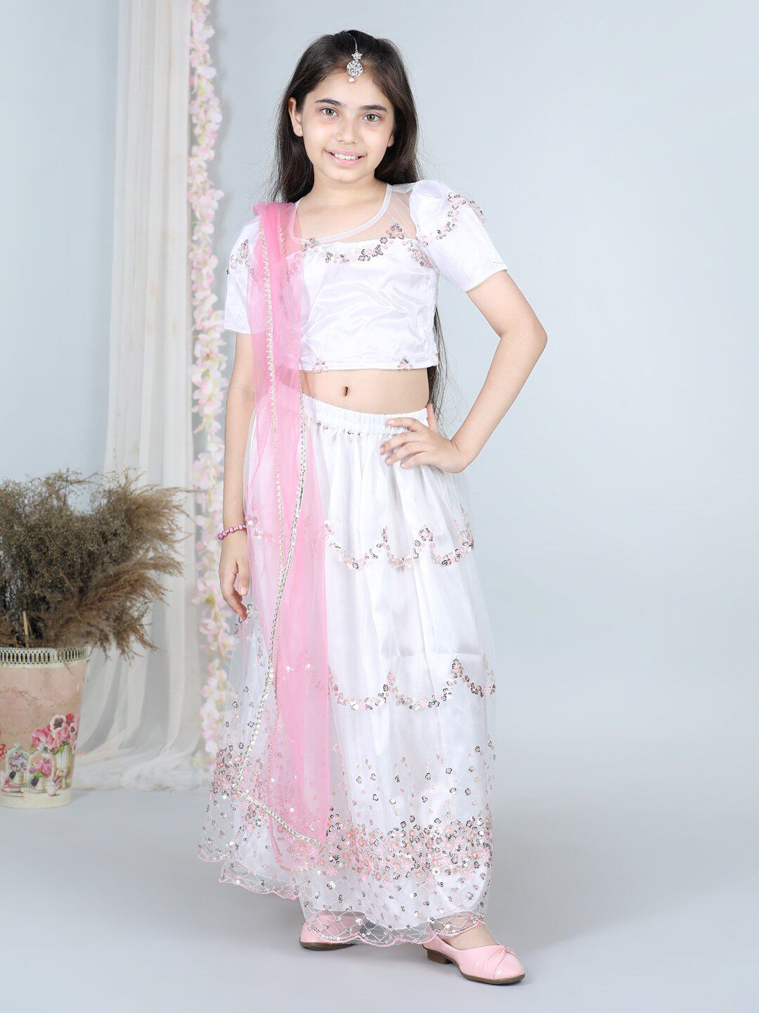 Cutiekins Girls Embellished Sequinned Ready to Wear Lehenga & Blouse With Dupatta Price in India