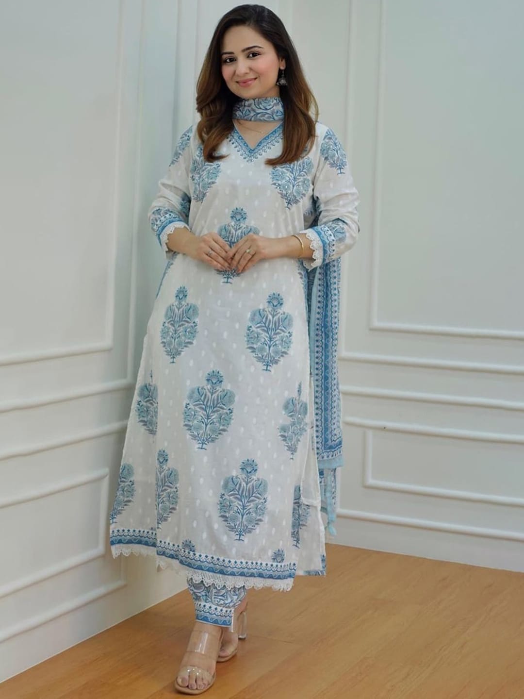 KALINI Floral Printed Pure Cotton Straight Kurta with Patiala & With Dupatta Price in India