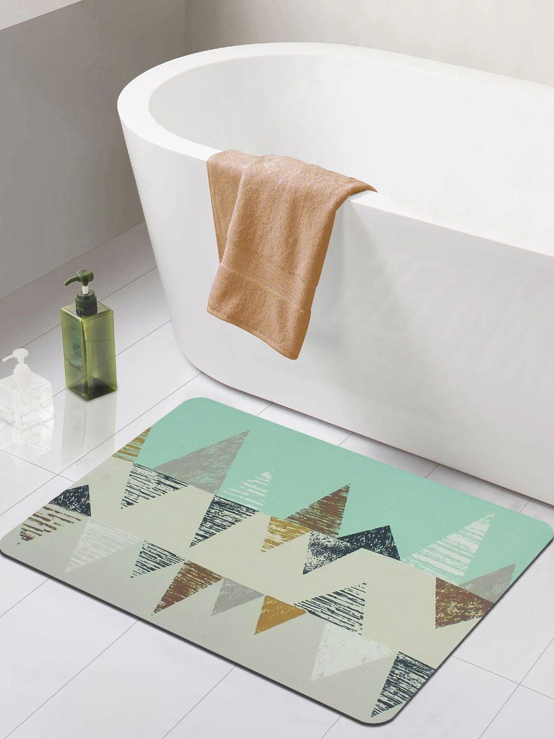 Bedspun Beige & Mint Green Printed 210 GSM Non-Slip Rectangular Bath Rug