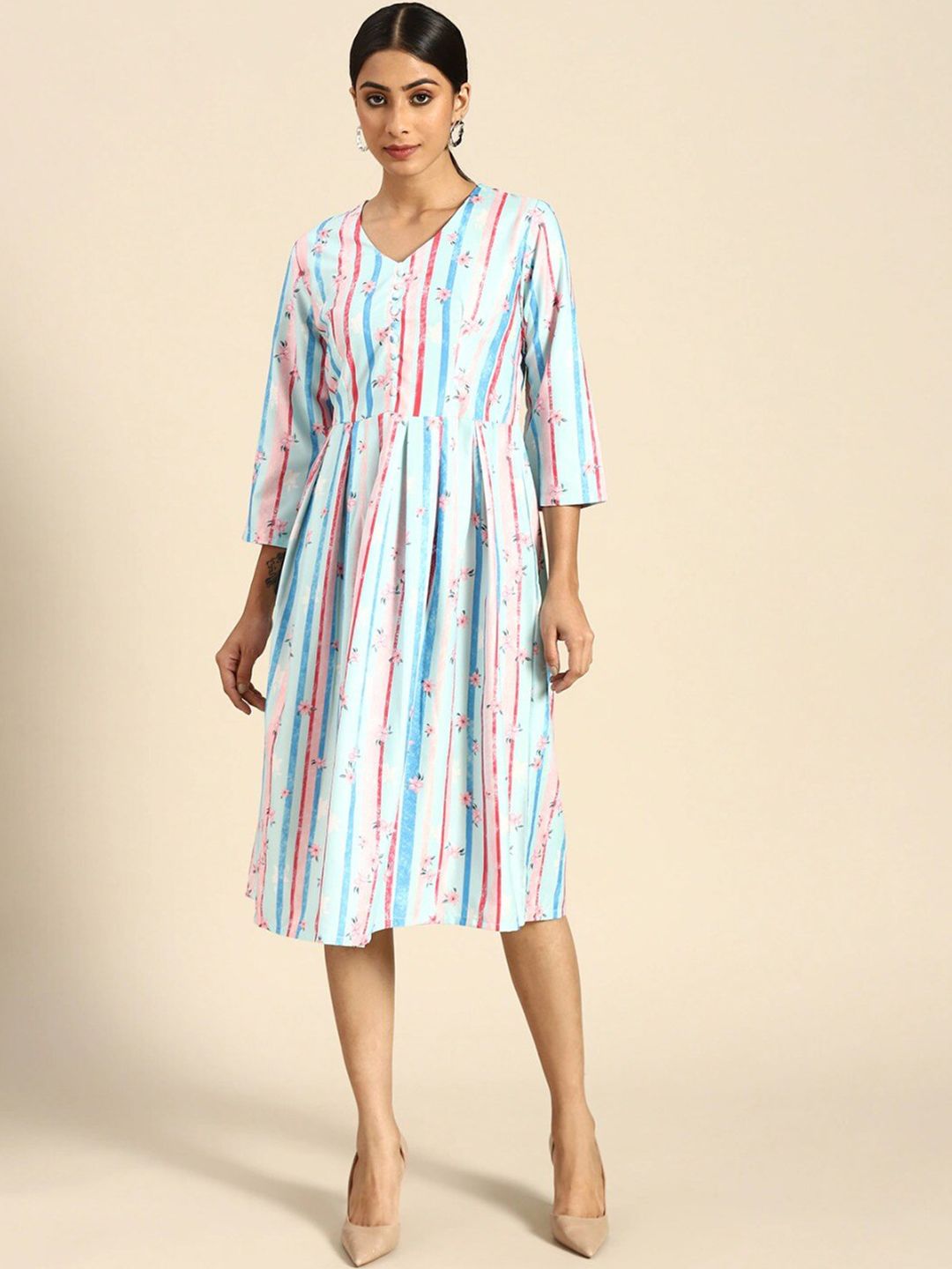 HERE&NOW Multicoloured & Blue Print Crepe A-Line Midi Dress Price in India