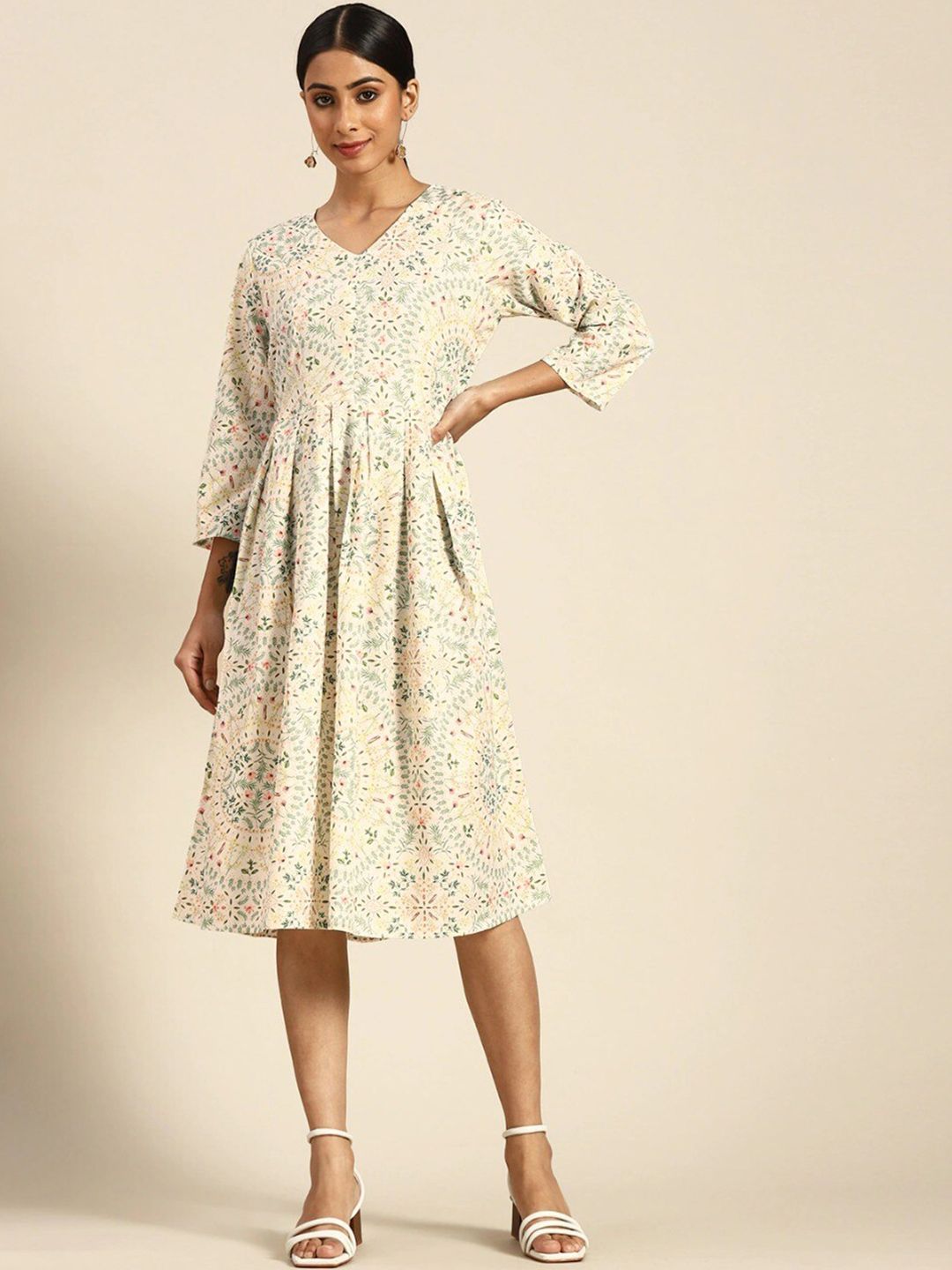 HERE&NOW Off White & White Floral Print Crepe A-Line Midi Dress Price in India