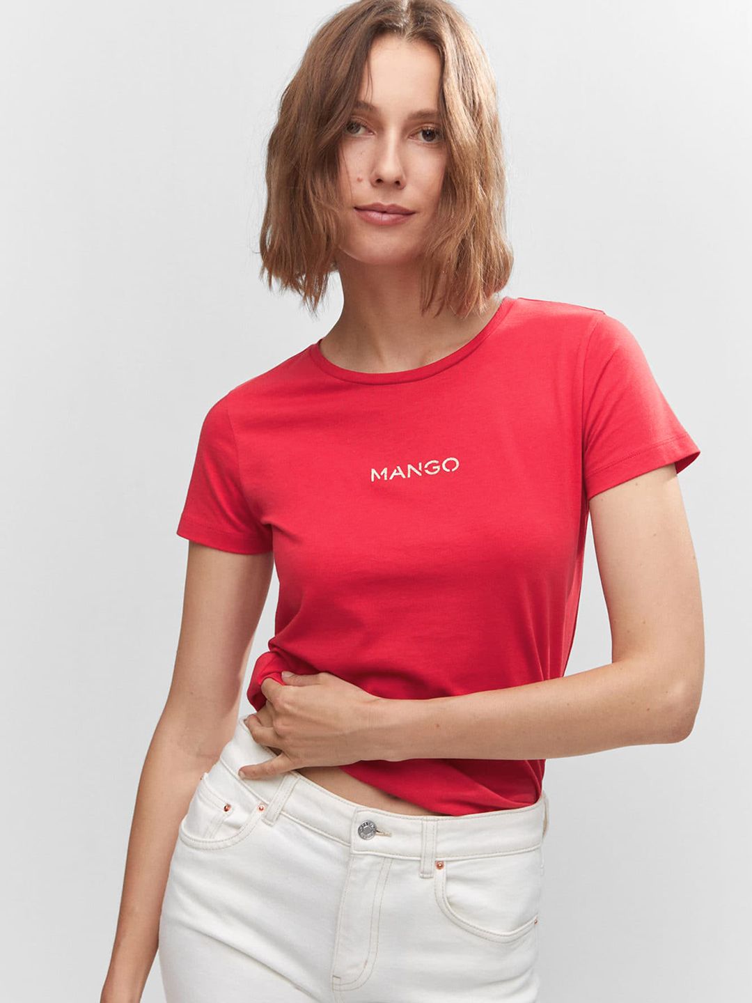 MANGO Brand Logo Printed Pure Cotton T-shirt Price in India