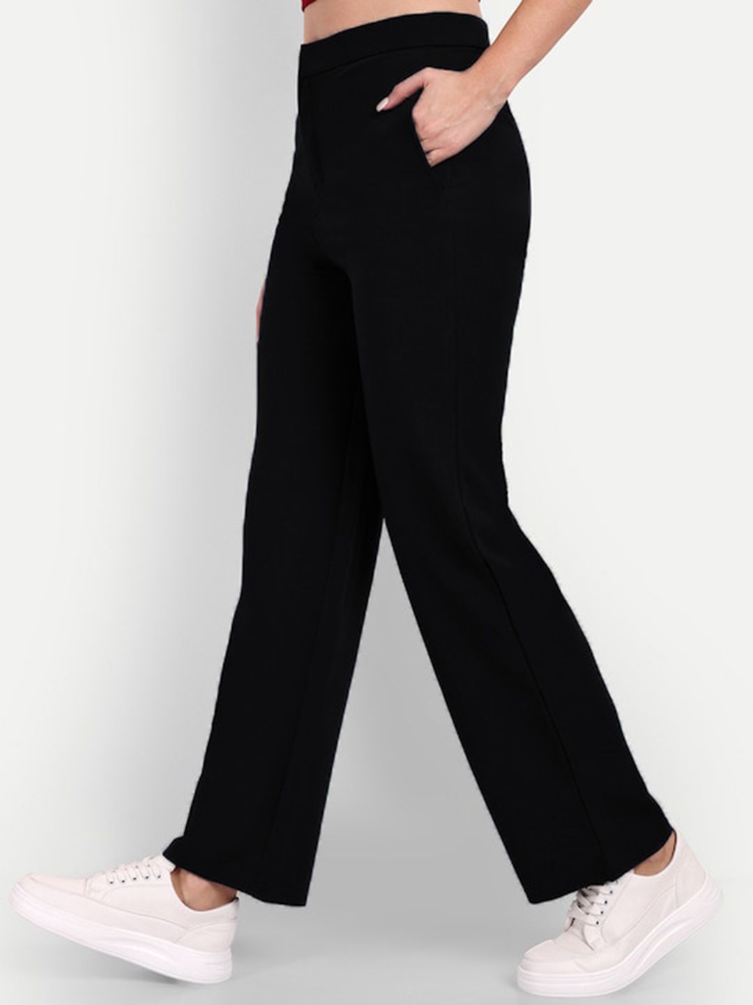 WESTHOOD Women Black Smart High-Rise Trousers Price in India