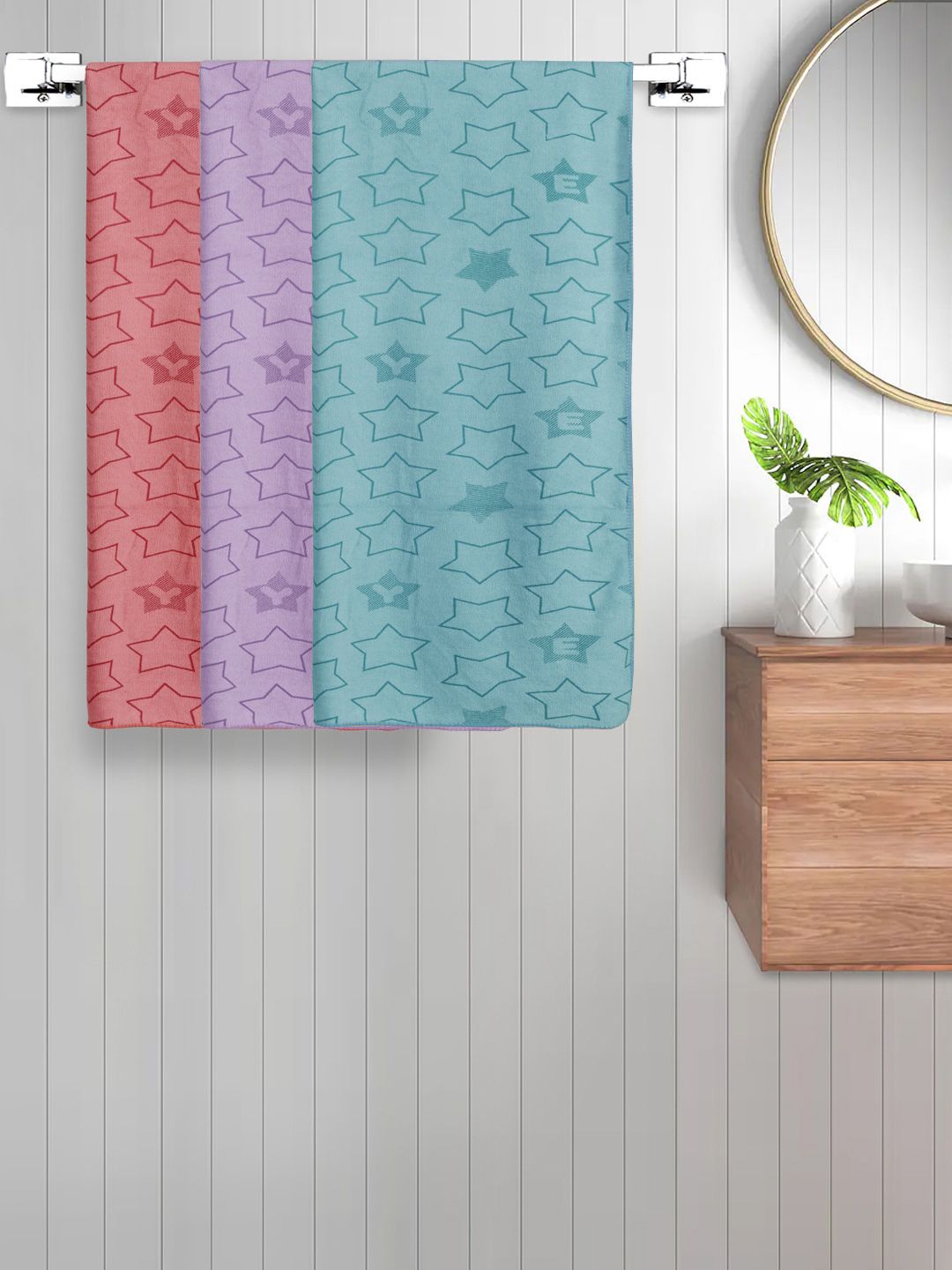 FABINALIV Kids Green & Purple 3 Pieces Geometric Printed Cotton 350 GSM Bath Towels