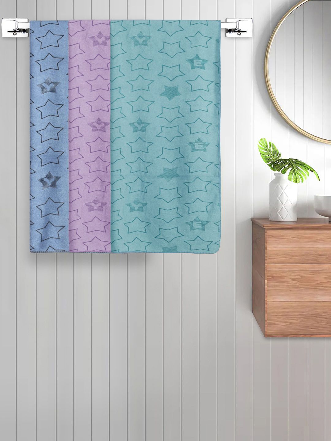 FABINALIV Blue and Green Kids 3 Pieces Geometric Printed Cotton 350 GSM Bath Towels