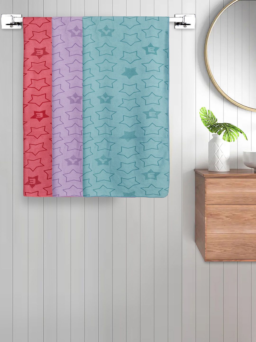 FABINALIV Green & Red  Kids 3 Pieces Geometric Printed Cotton 350 GSM Bath Towels
