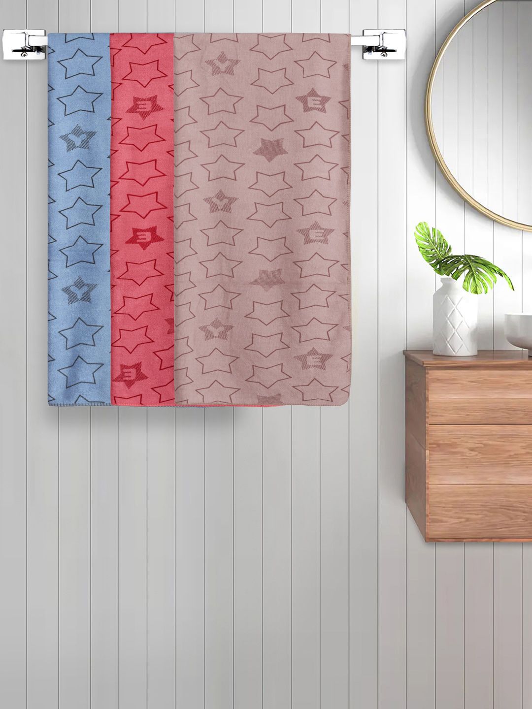 FABINALIV Kids Blue & Red 3 Pieces Geometric Printed Cotton 350 GSM Bath Towels