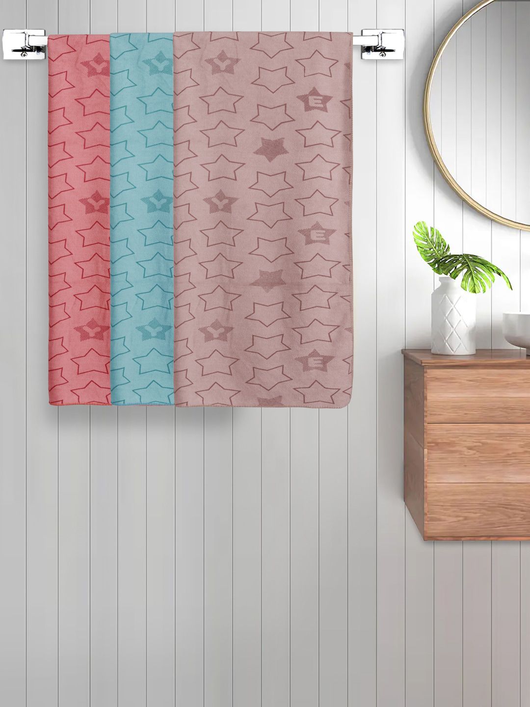 FABINALIV Green & Red Kids 3 Pieces Geometric Printed Cotton 350 GSM Bath Towels