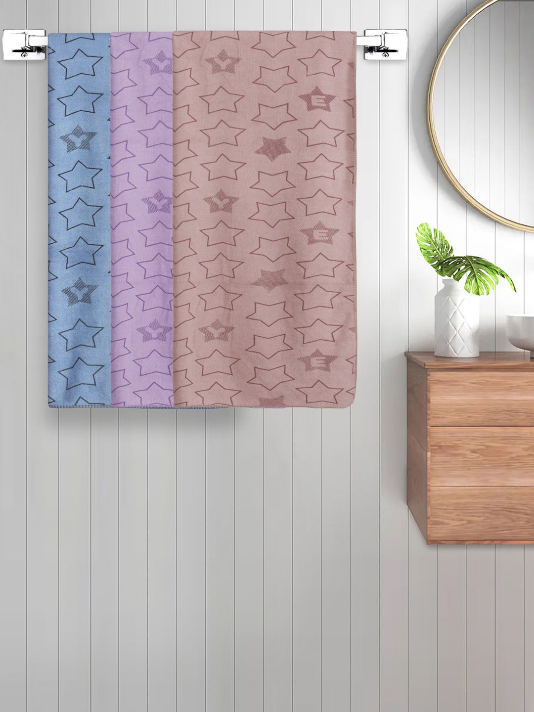 FABINALIV Blue & Purple Kids 3 Pieces Geometric Printed Cotton 350 GSM Bath Towels