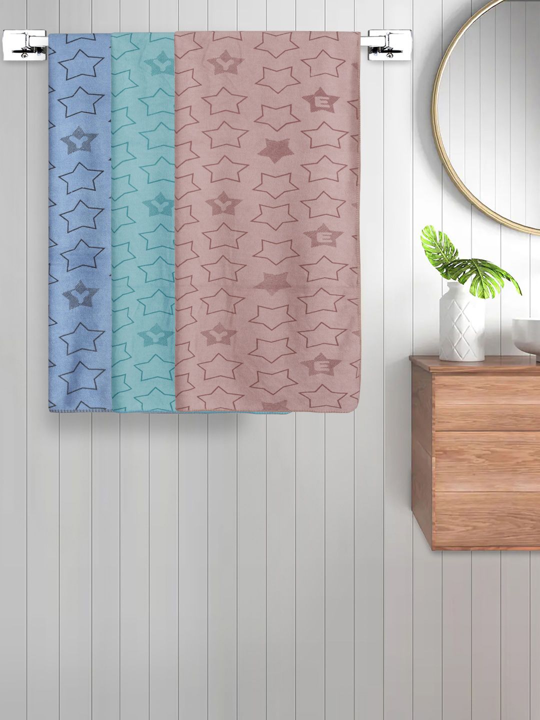 FABINALIV Blue & Green Kids 3 Pieces Geometric Printed Cotton 350 GSM Bath Towels