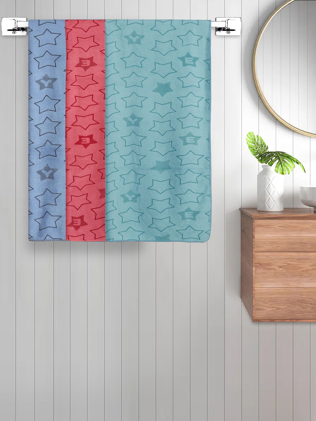 FABINALIV Kids Blue & Red 3 Pieces Printed 350 GSM Cotton Bath Towels