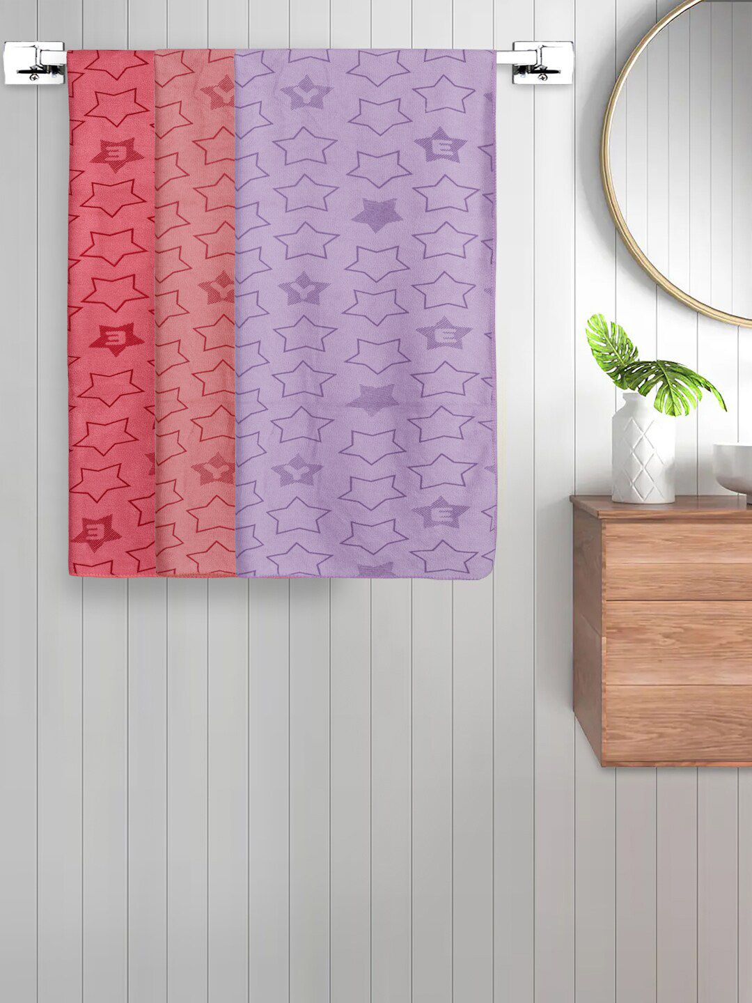 FABINALIV Kids Red & Violet 3 Pieces Printed 350 GSM Cotton Bath Towels