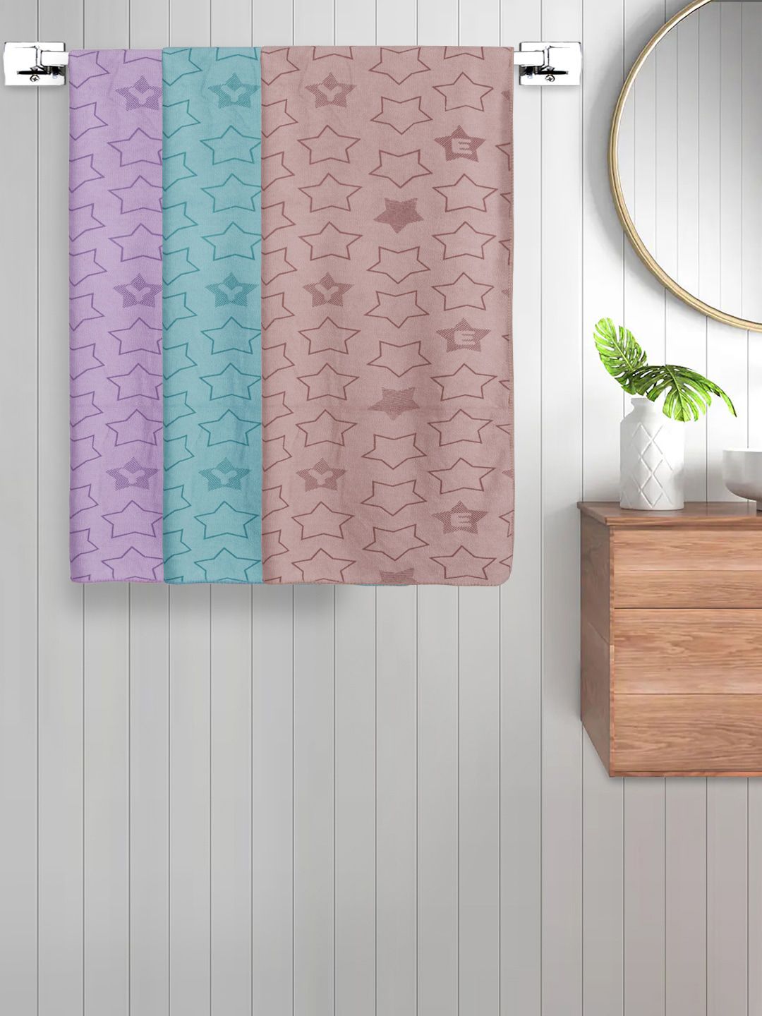 FABINALIV Purple & Green Kids 3 Pieces Geometric Printed Cotton 350 GSM Bath Towels