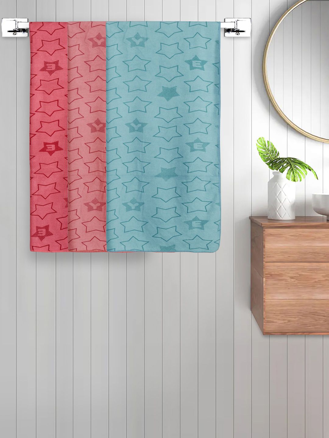 FABINALIV Red Kids 3 Pieces Geometric Printed Cotton 350 GSM Bath Towels