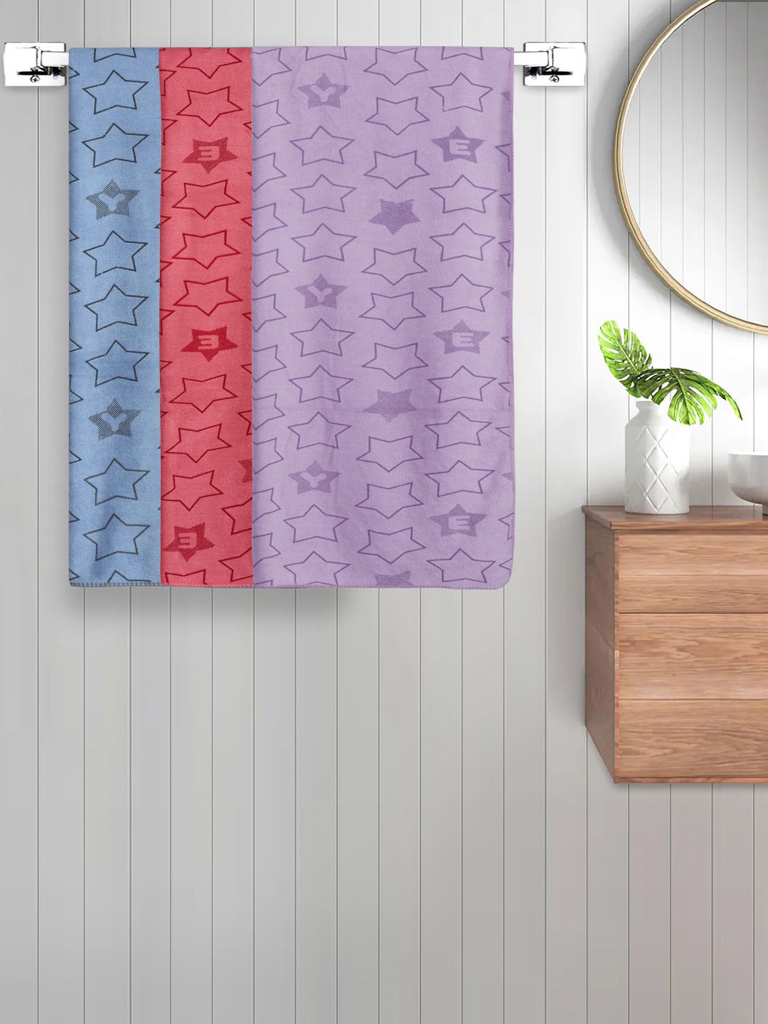 FABINALIV Blue & Red Kids 3 Pieces Geometric Printed Cotton 350 GSM Bath Towels