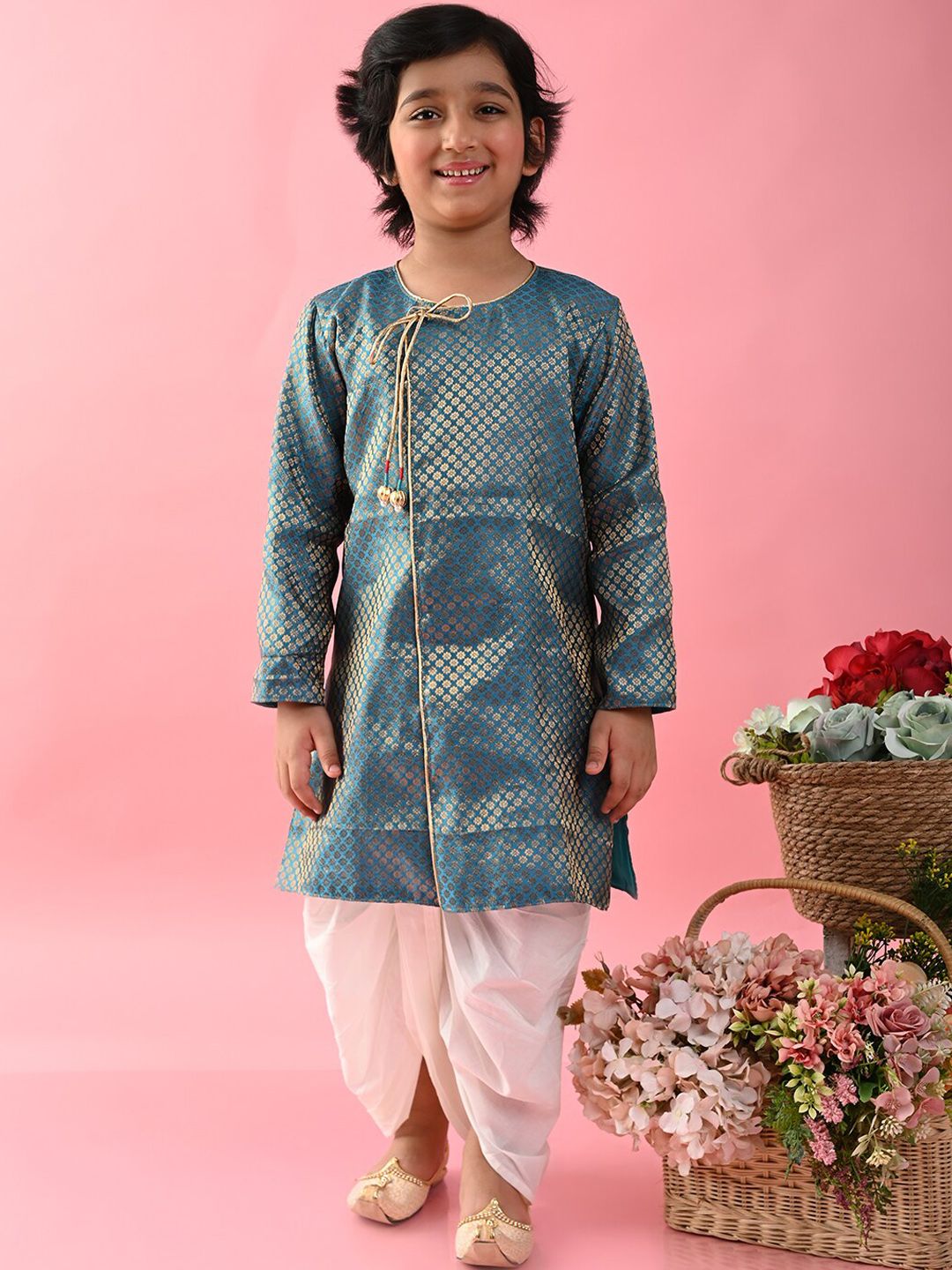 SAKA DESIGNS Boys Floral Woven Design Zari Jacquard Weave Straight Kurta with Dhoti Pants