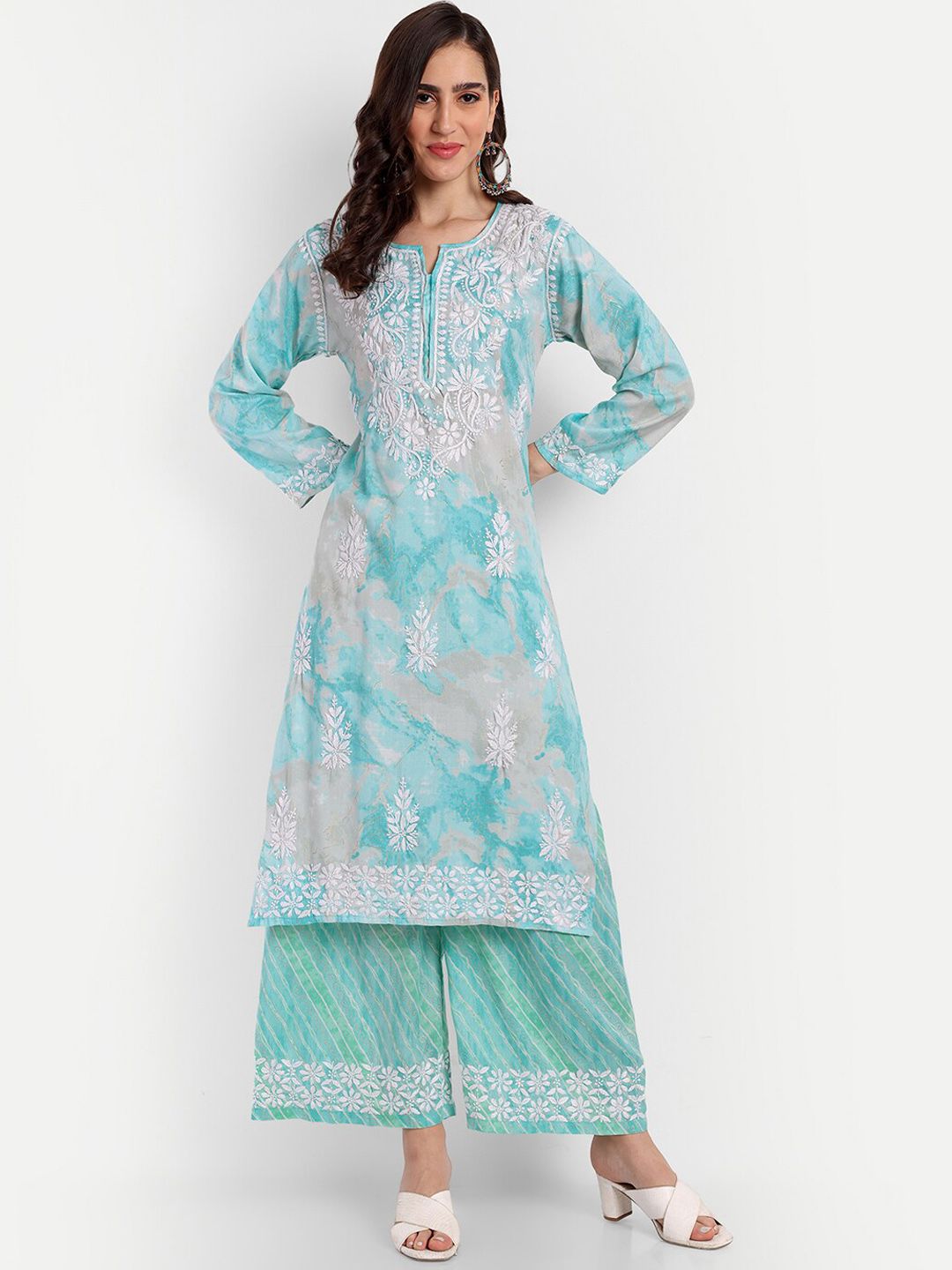 Indiankala4u Floral Embroidered Regular Chikankari Kurta With Palazzos Price in India