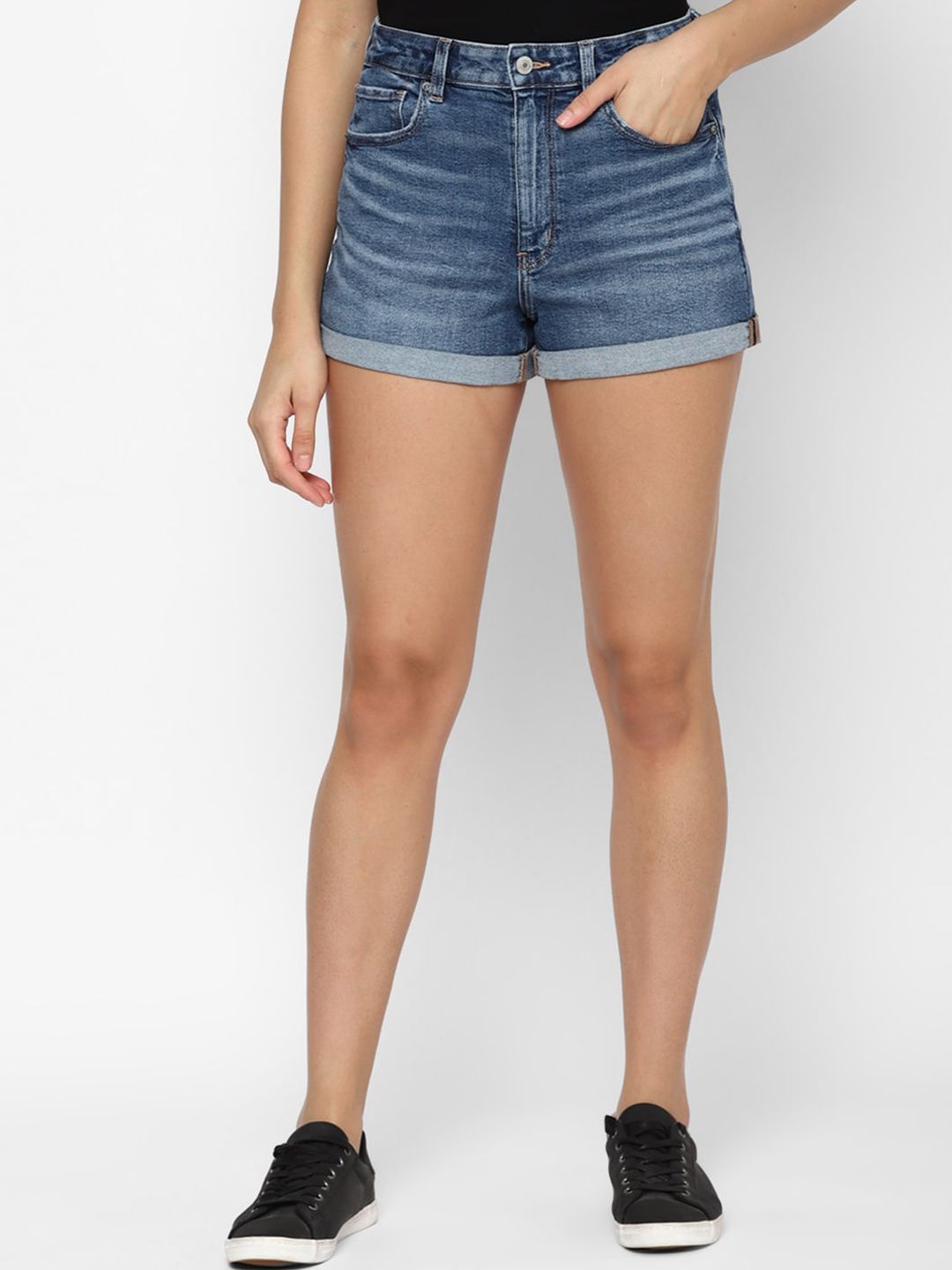 AMERICAN EAGLE OUTFITTERS Women Washed High-Rise Pure Cotton Denim Shorts Price in India