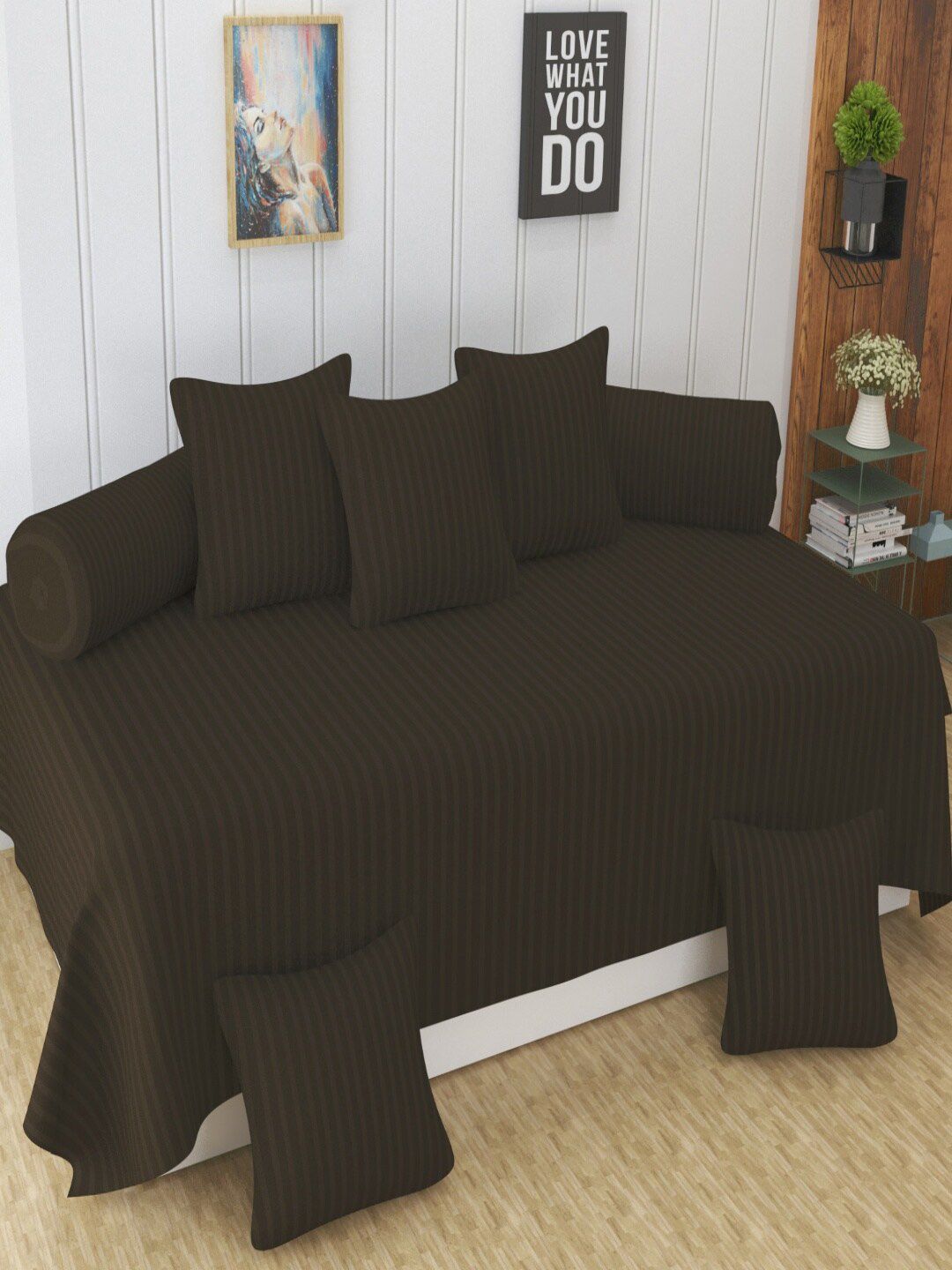 Homefab India 8 Pcs Brown Striped Satin Finished Cotton Diwan Set