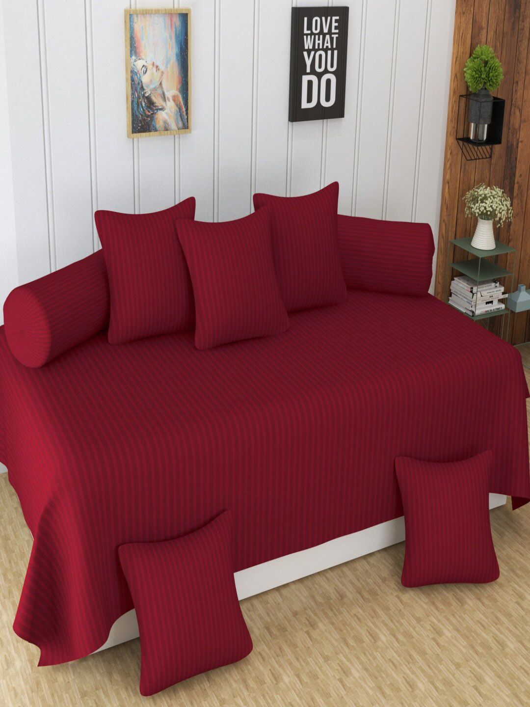 Homefab India 8 Pcs Maroon Striped Satin Finished Cotton Diwan Set