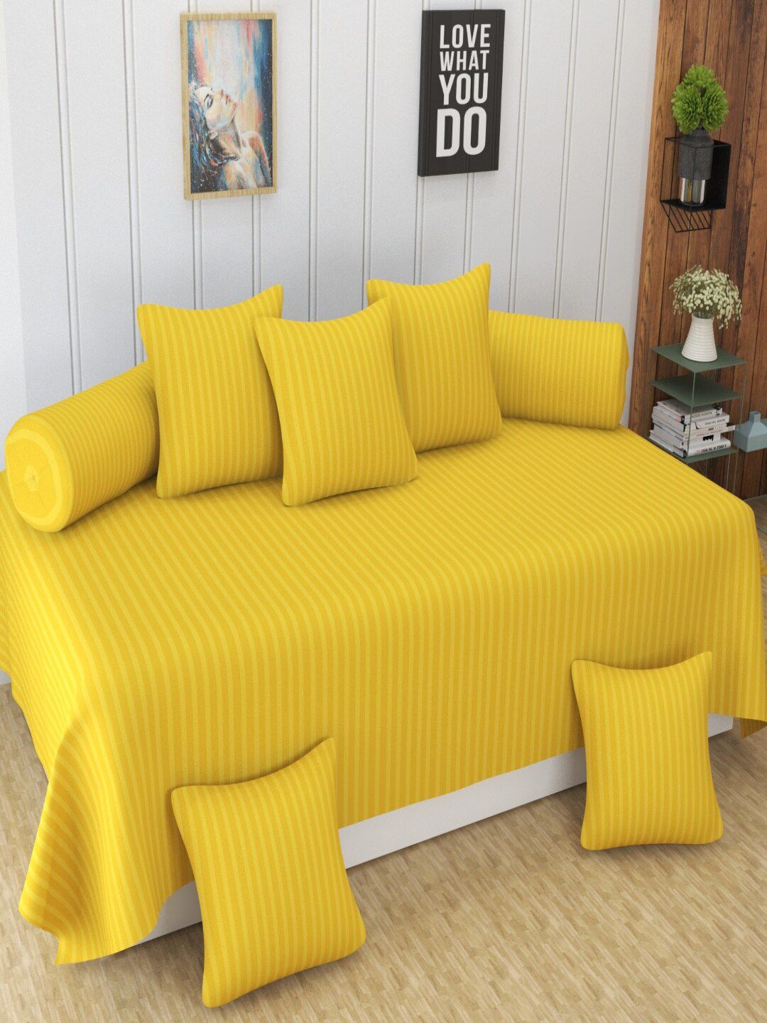 Homefab India 8-Pcs Yellow Striped Satin Finished Cotton Diwan Set