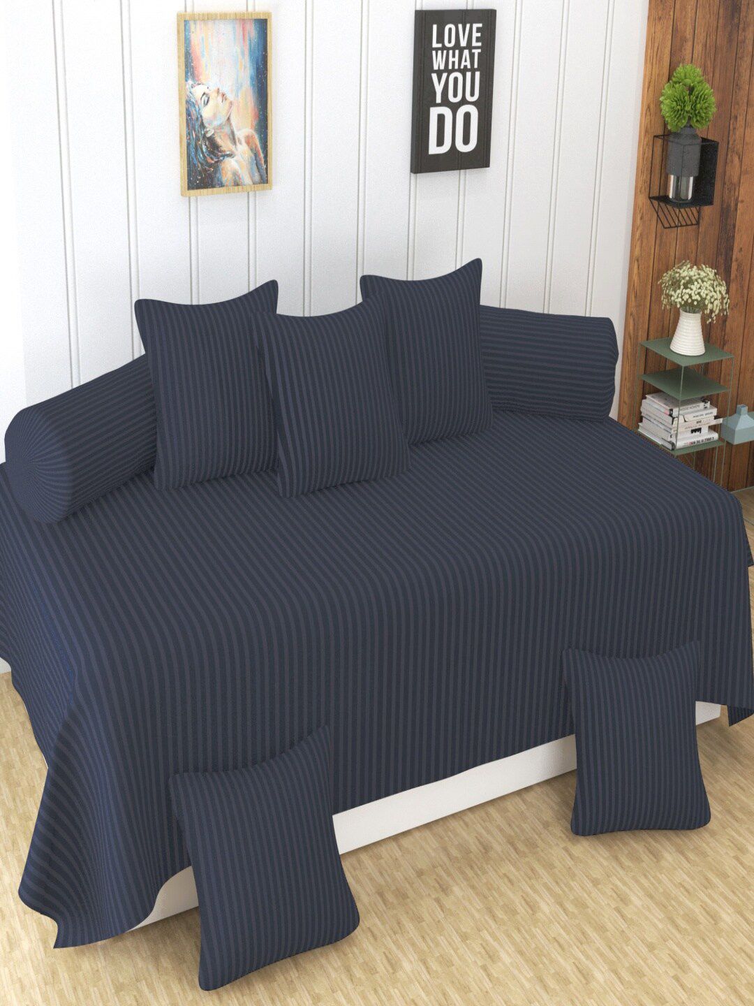 Homefab India 8-Pcs Grey Striped Satin Finished Cotton Diwan Set