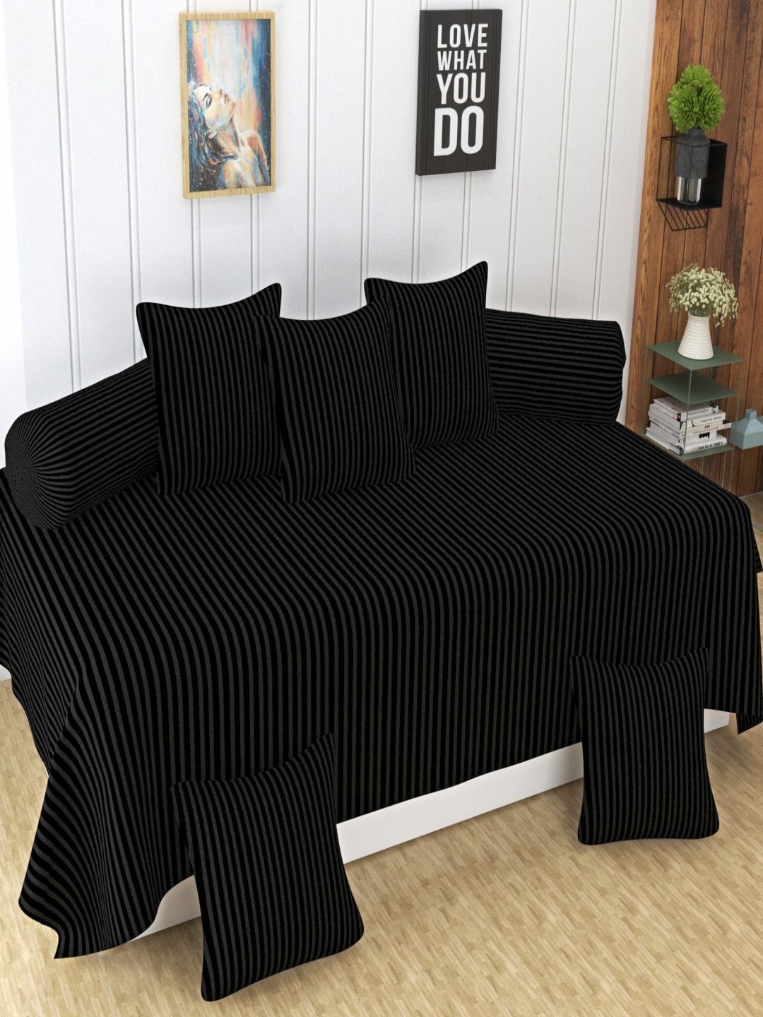 Homefab India 8 Pcs Black Striped Satin Finished Cotton Diwan Set