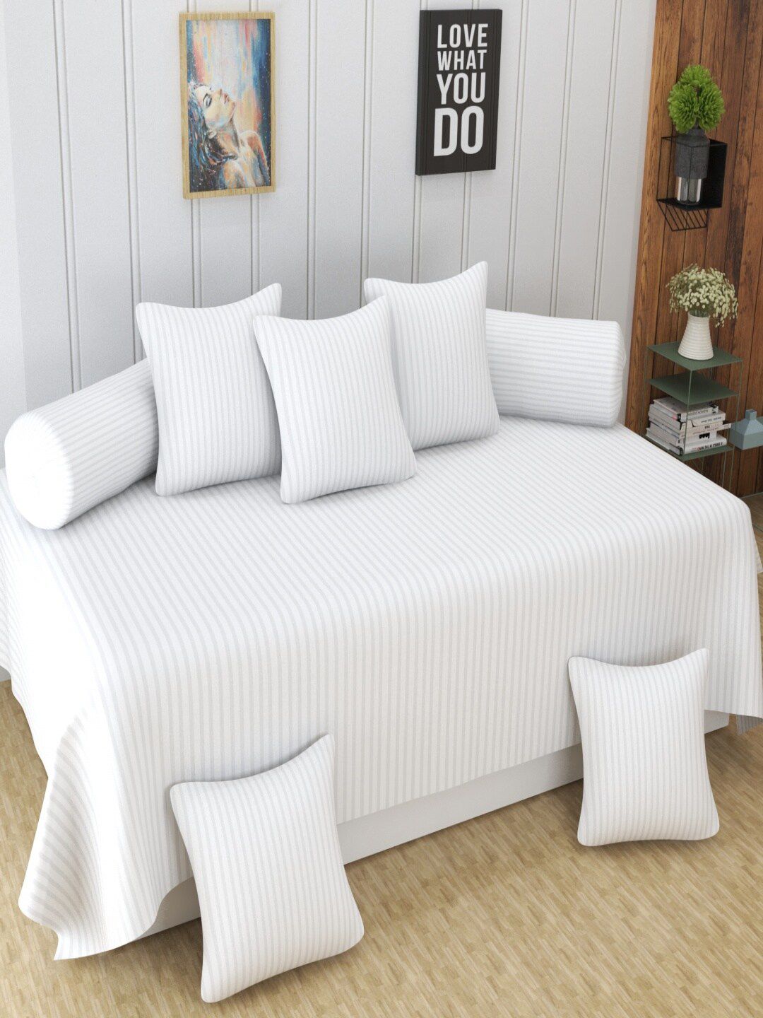 Homefab India 8 Pcs White Striped Satin Finished Cotton Diwan Set