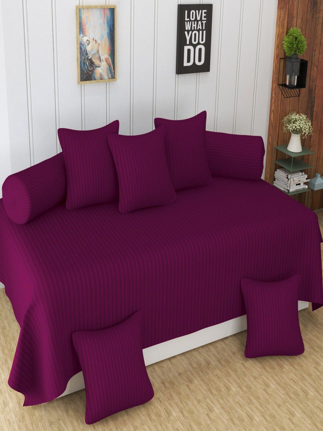Homefab India 8 Pcs Purple Striped Satin Finished Cotton Diwan Set