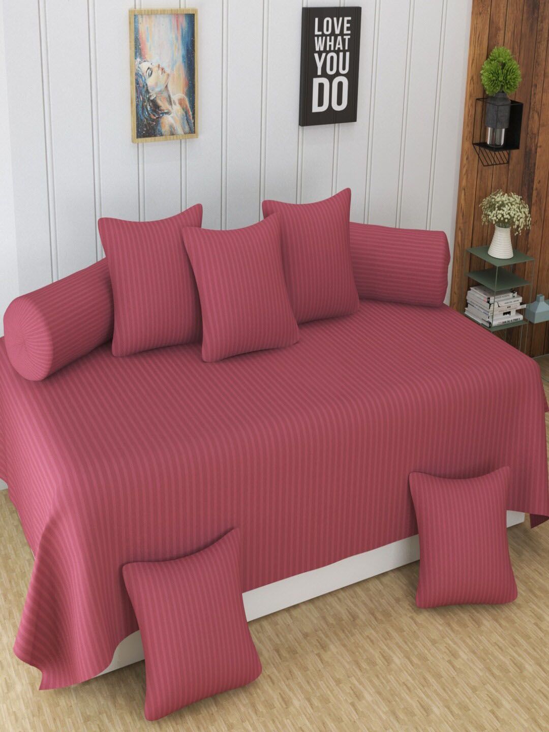 Homefab India 8-Pcs Pink Striped Satin Finished Cotton Diwan Set