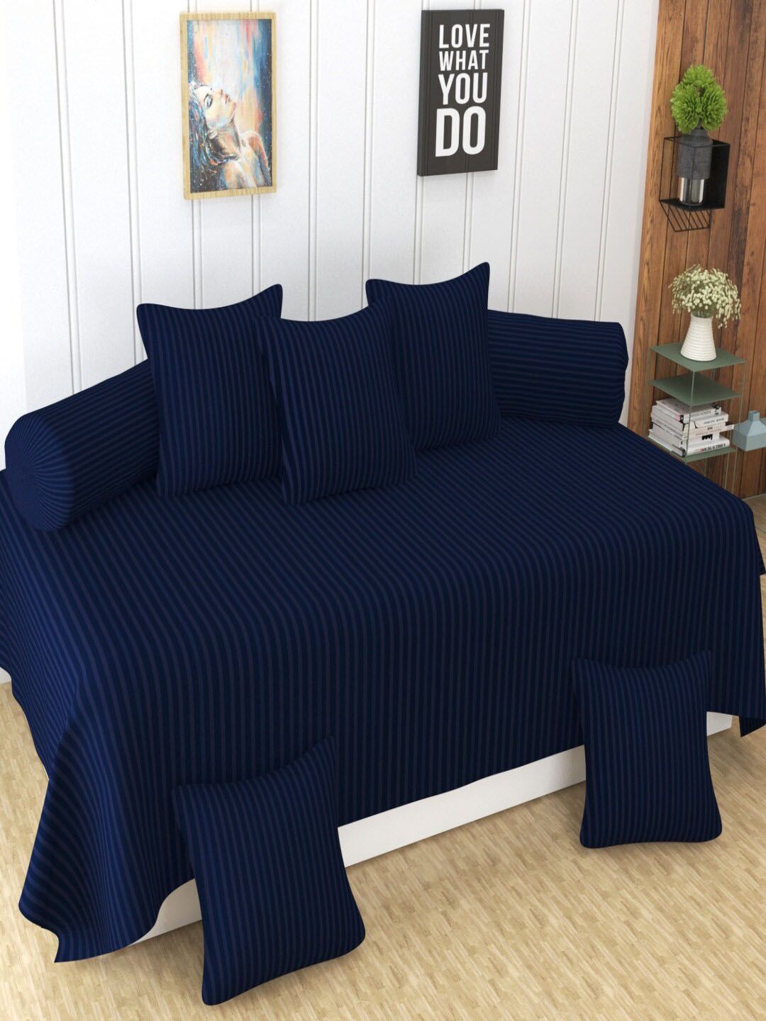 Homefab India 8-Pcs Navy Blue Striped Satin Finished Cotton Diwan Set