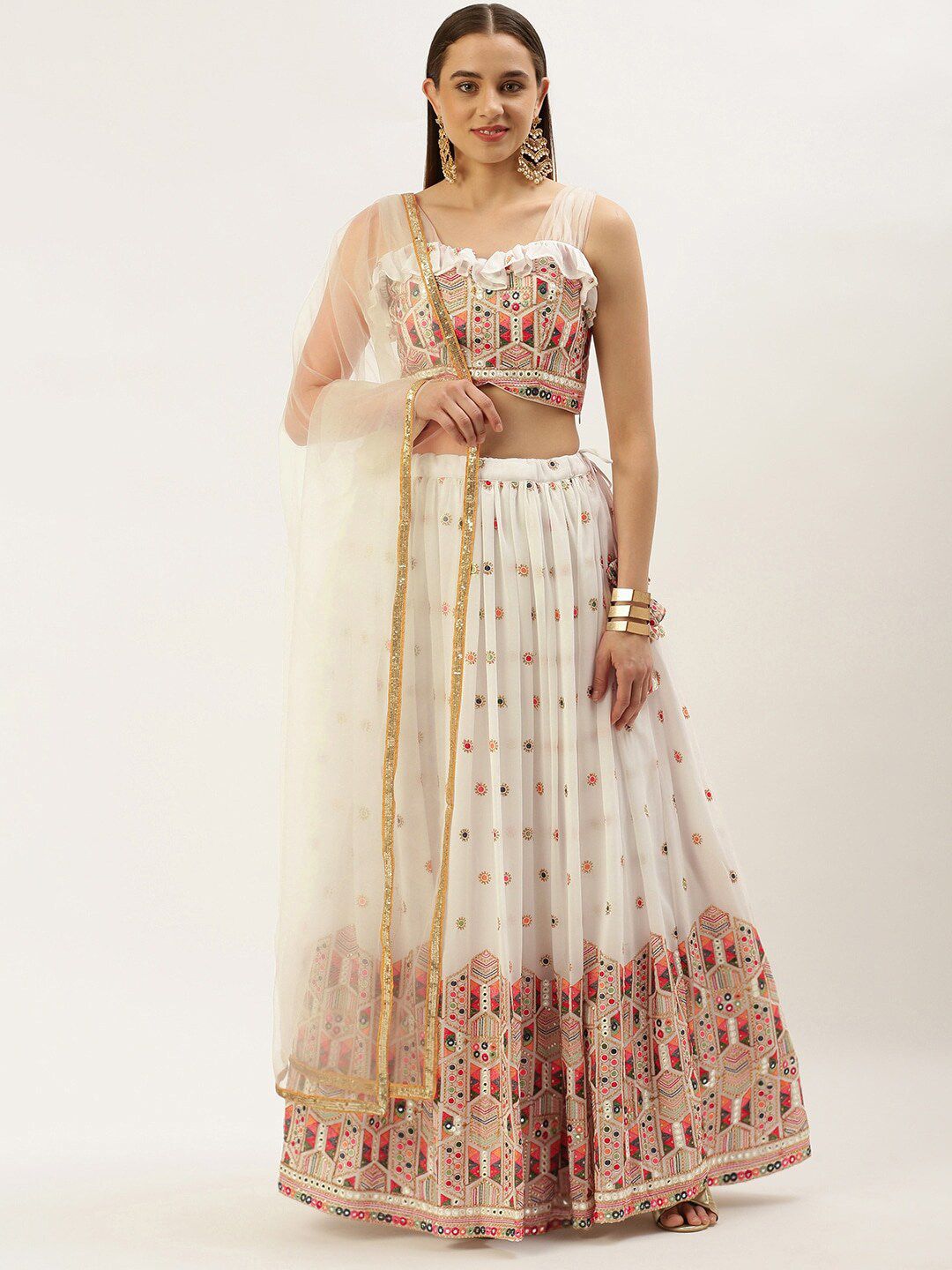 Ethnovog Embroidered Mirror Work Semi-Stitched Lehenga & Unstitched Blouse With Dupatta Price in India