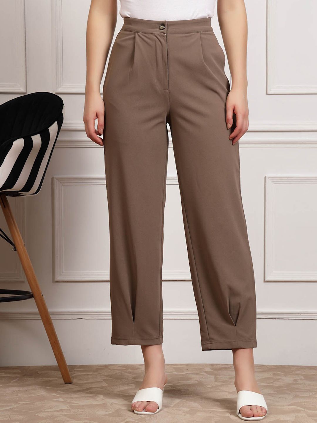 plusS Brown Women Mid Rise Pleated Trousers Price in India