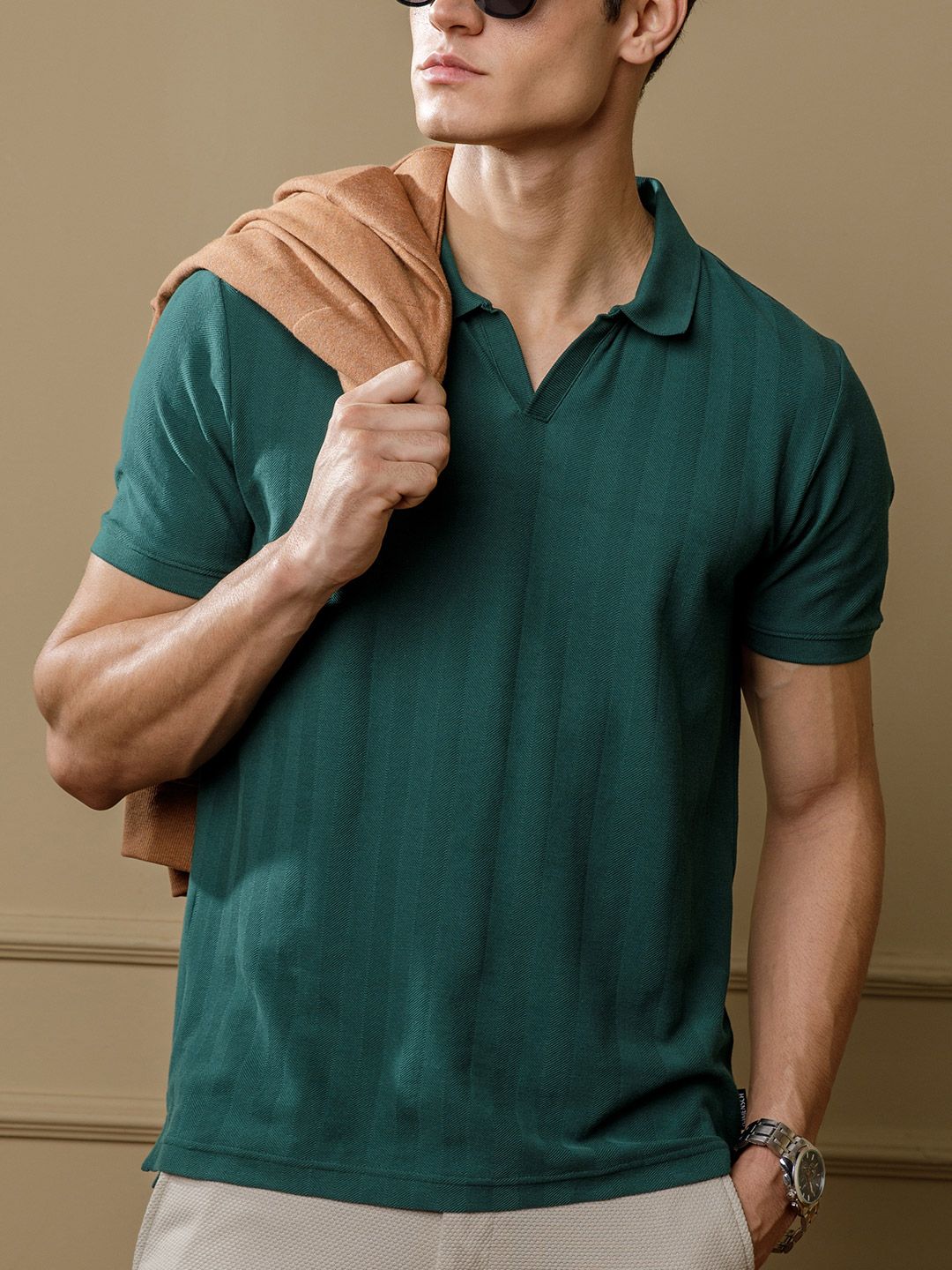 Solid Textured Polo T-Shirts DaMENSCH Statement Johnny Collar Herringbone Texture Polo T-Shirts