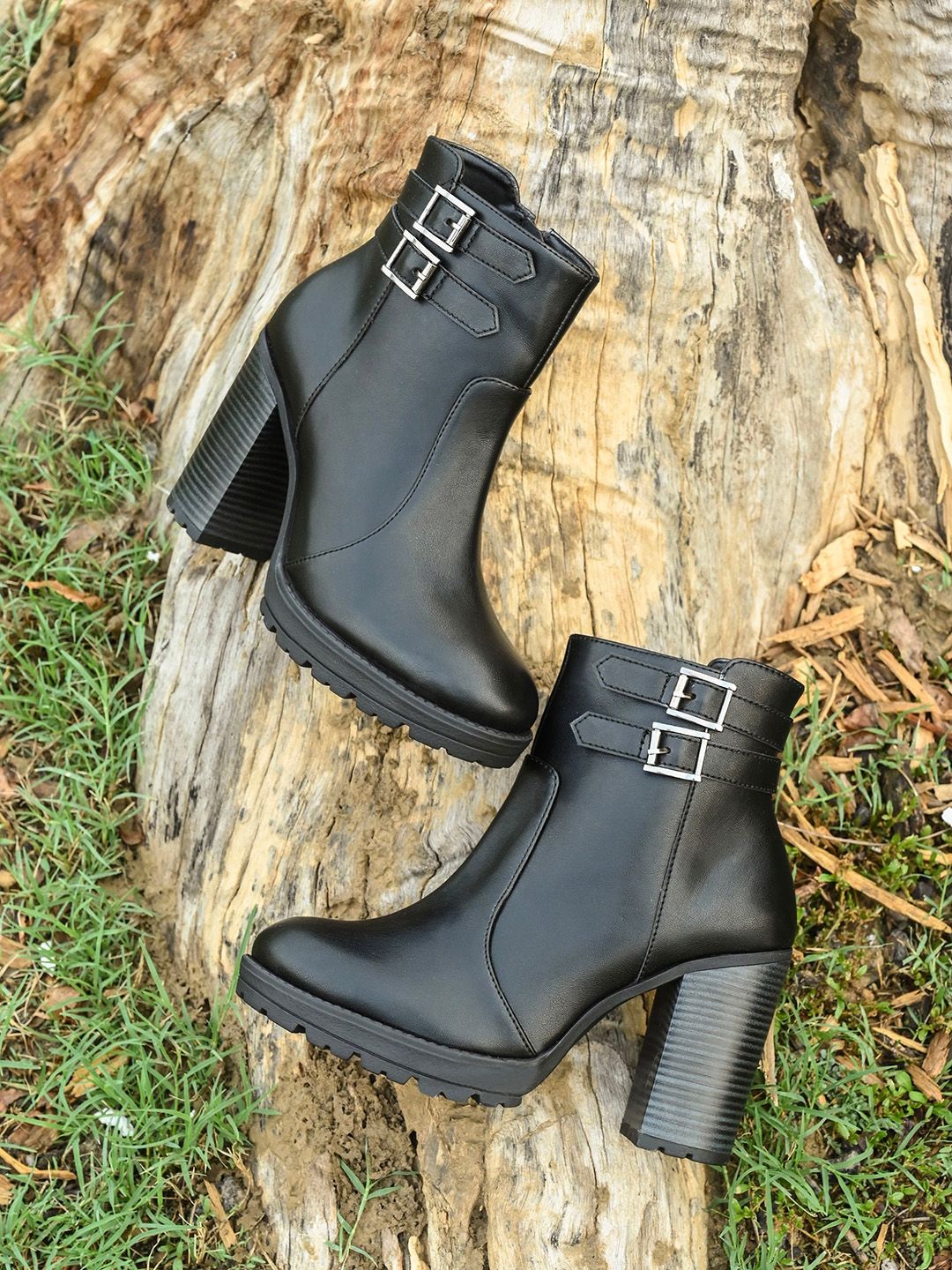 El Paso Women Buckled Platform Heel Mid-Top Chunky Boots