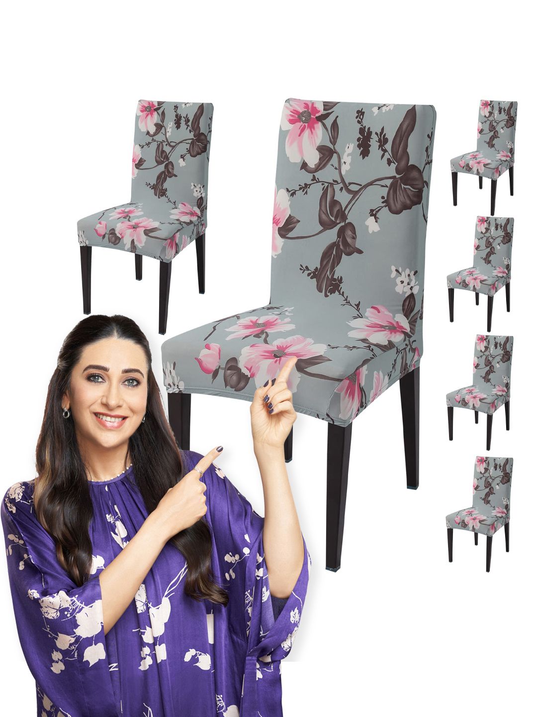 HOKIPO 6 Piece Grey & Pink Printed Stretchable Chair Covers