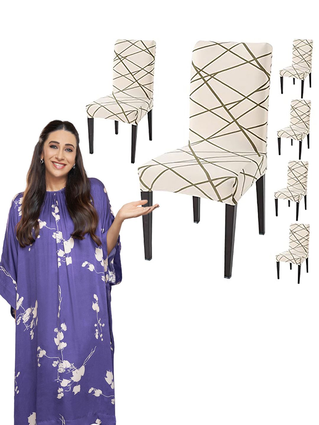 HOKIPO Beige 6-Pieces Printed Stretchable Chair Covers