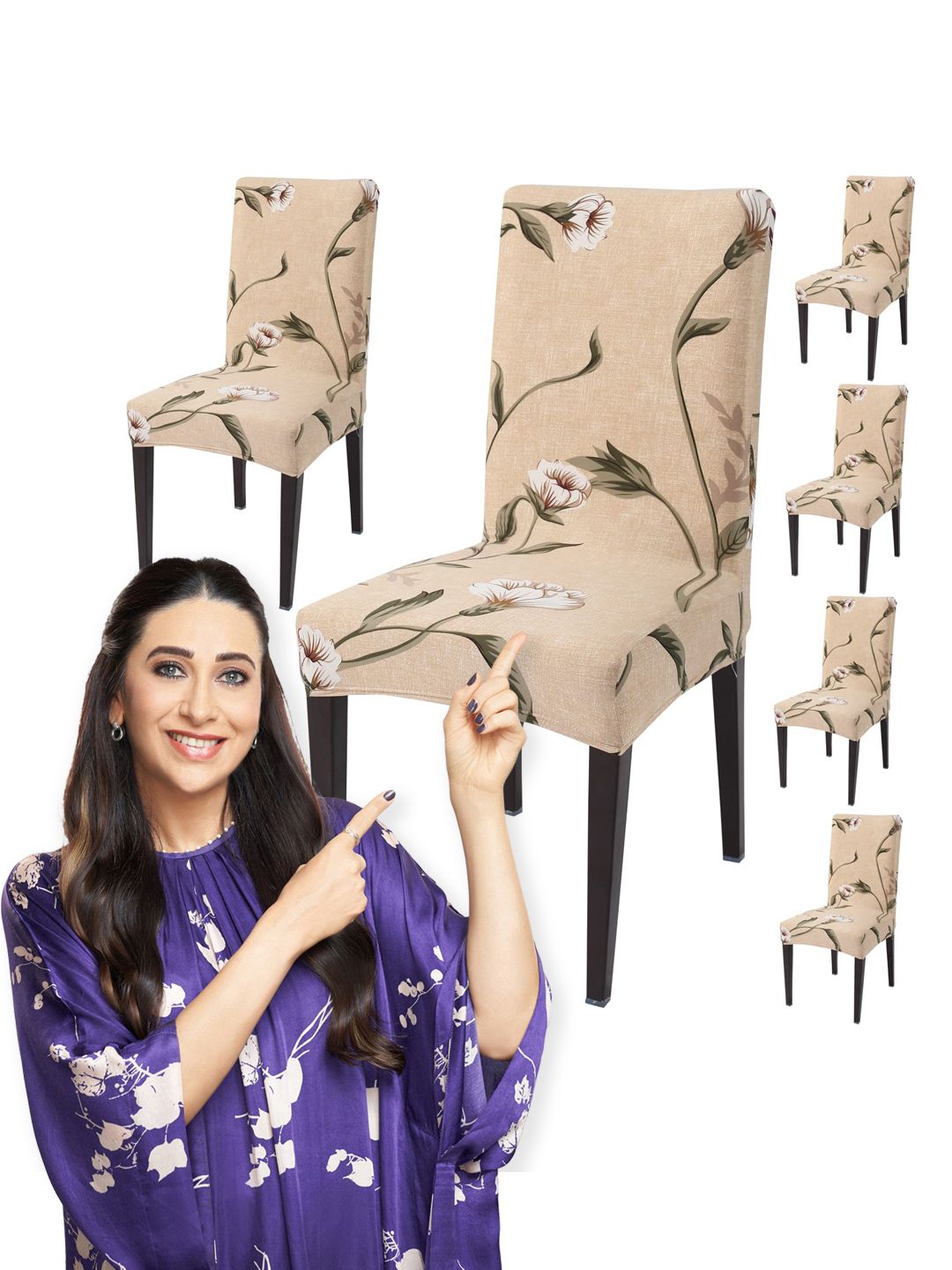 HOKIPO Brown 6 Piece Printed Stretchable Chair Covers