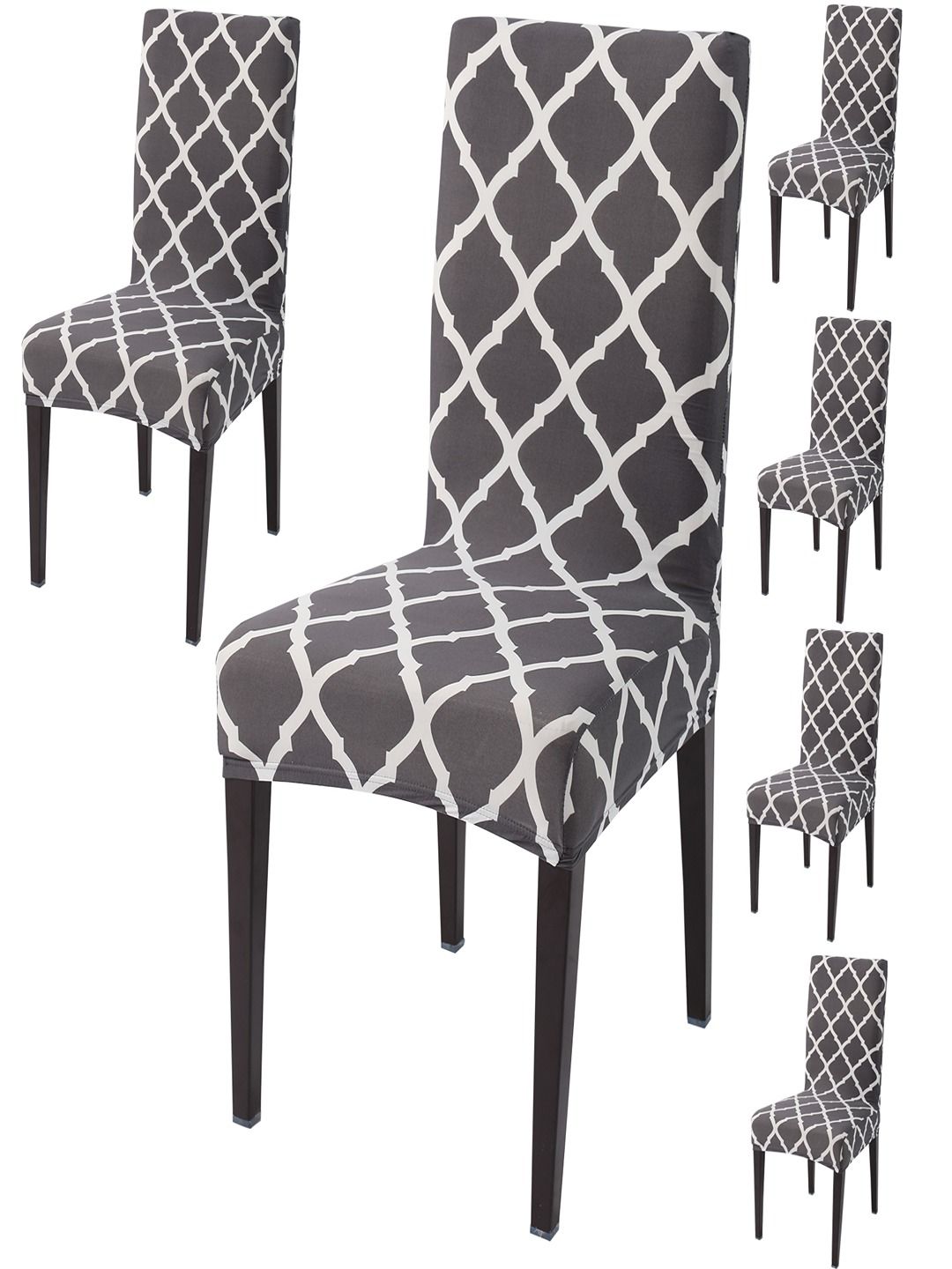 HOKIPO Grey & White 6 Piece Printed Stretchable Chair Covers