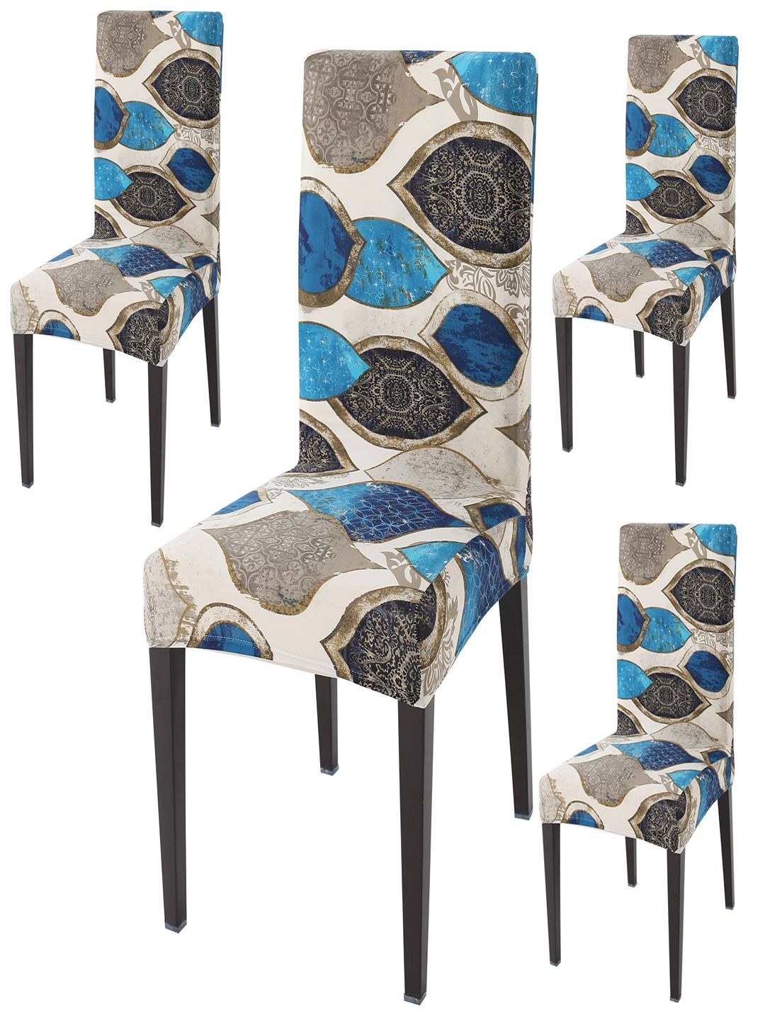 HOKIPO 4 Pieces Beige & Blue Printed Stretchable Chair Covers