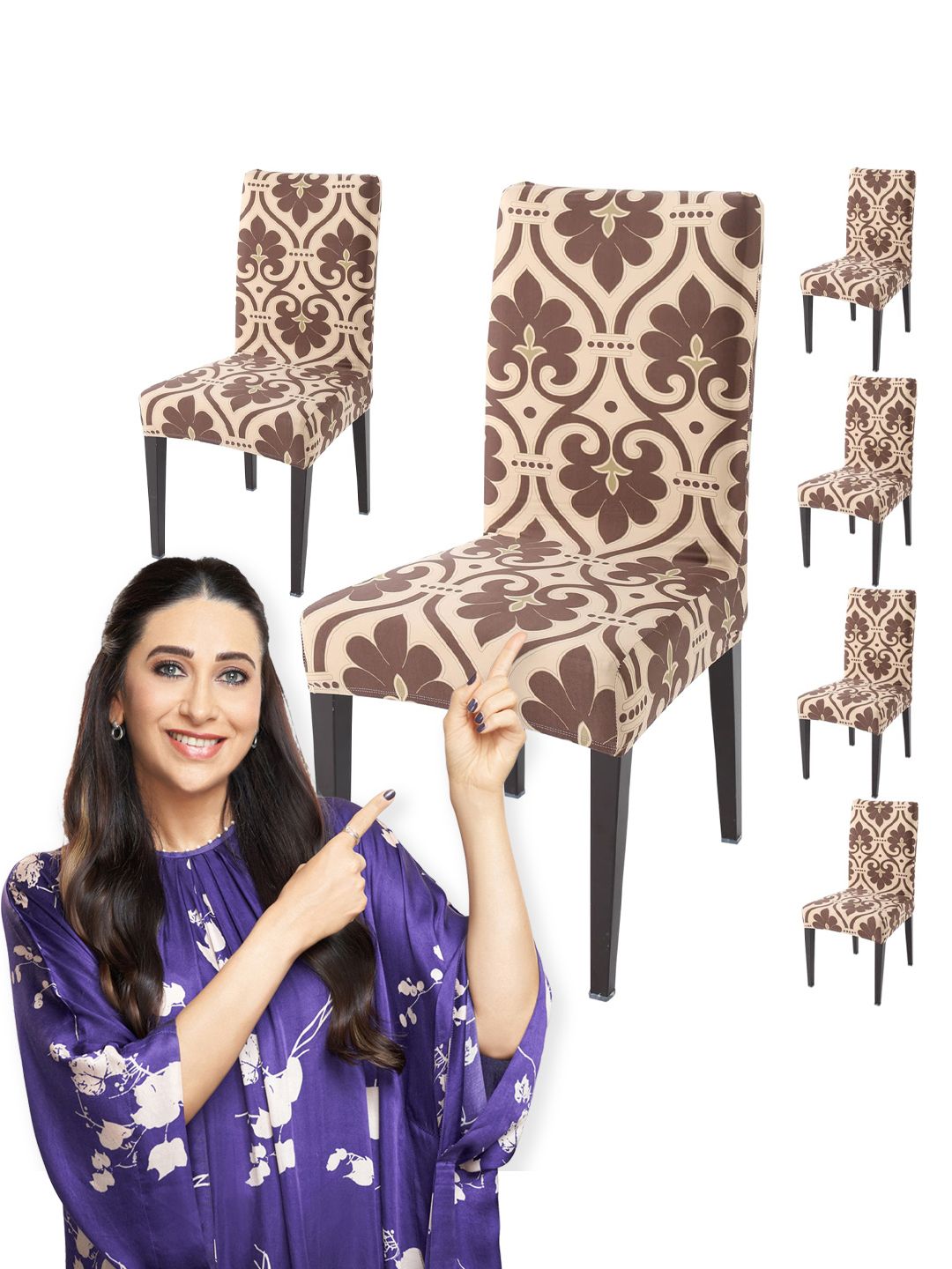 HOKIPO Brown & Beige 6 Piece Printed Stretchable Chair Covers