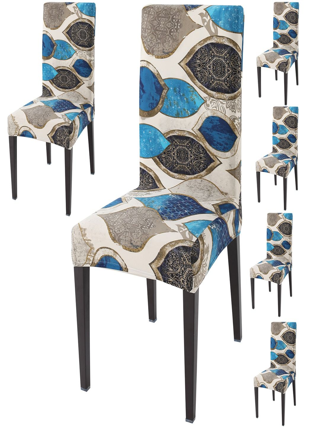HOKIPO Beige & Blue 6 Pieces Printed Stretchable Chair Covers