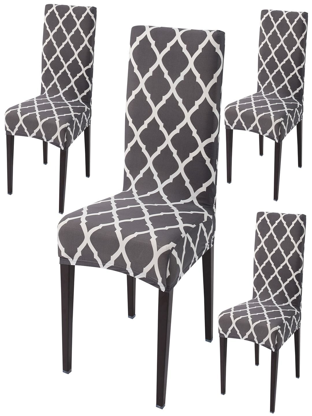 HOKIPO Grey & White 4 Piece Printed Stretchable Chair Covers