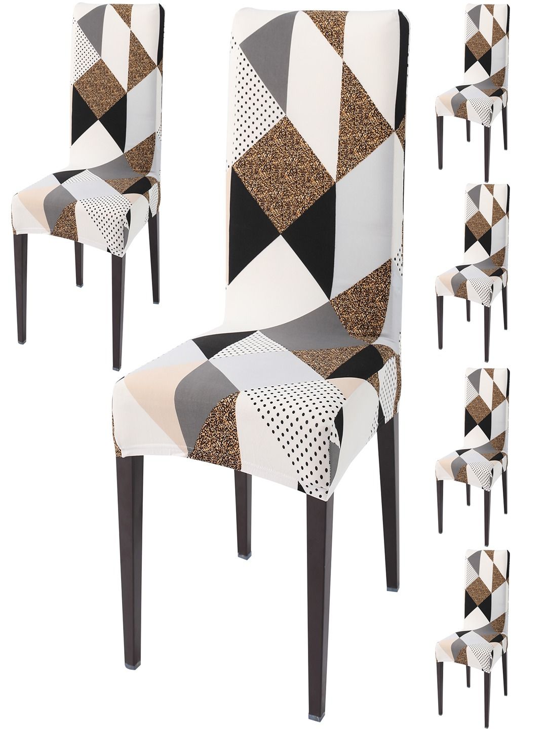 HOKIPO Grey & Brown 6 Pieces Printed Stretchable Chair Covers